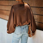 Women's Satin Blouse with Asymmetric Off-Shoulder Neckline & Batwing Sleeves - Brown Back Detail