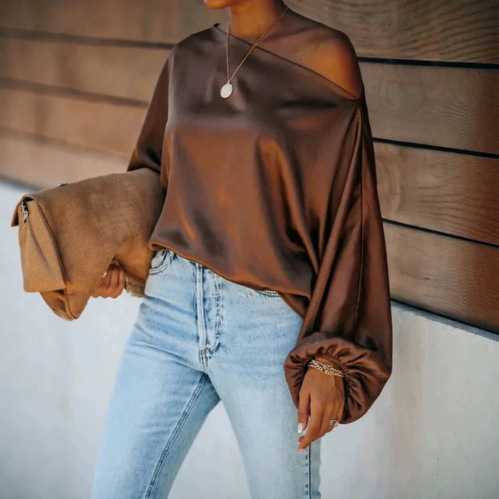 Coffee Brown Women's Satin Blouse with Asymmetric Off-Shoulder Neckline & Batwing Sleeves - Front Full