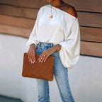 White Women's Satin Blouse with Asymmetric Off-Shoulder Neckline & Batwing Sleeves — Ingrid - Front Pose