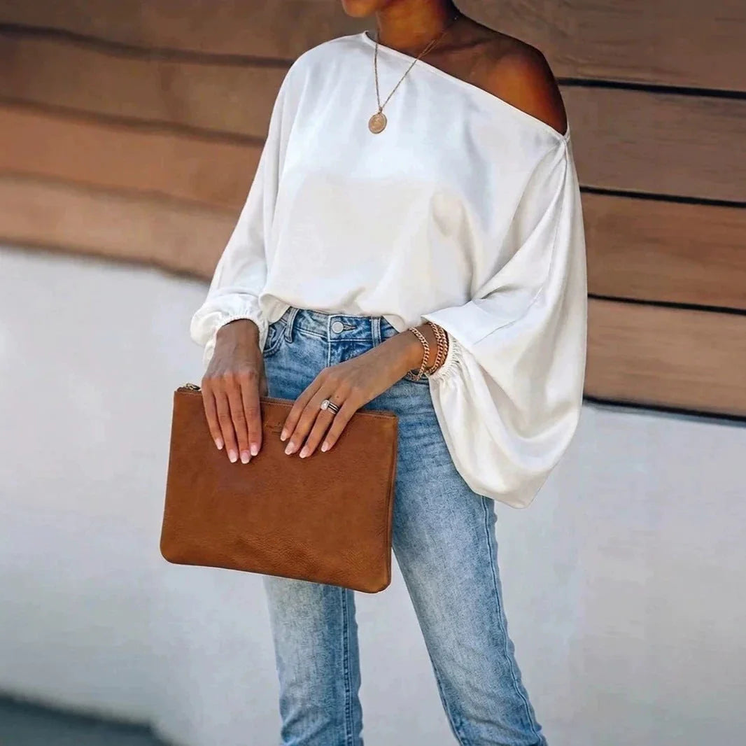 White Women's Satin Blouse with Asymmetric Off-Shoulder Neckline & Batwing Sleeves — Ingrid - Front Pose