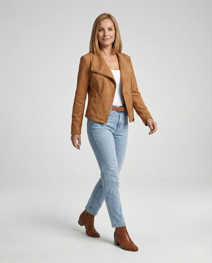 Camel Women's Asymmetric Zip Biker Jacket with Wide Collar & Zip Pockets — Juliet - Front Full Walking