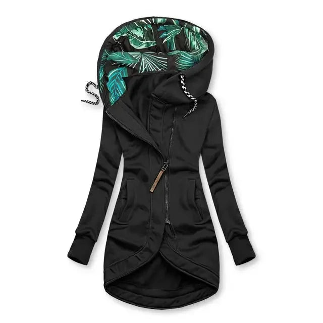 Black Women's Hooded Jacket with Asymmetric Zip & Tropical-Lined Hood — Roisin
