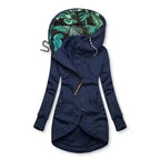 Blue Women's Hooded Jacket with Asymmetric Zip & Tropical-Lined Hood — Roisin