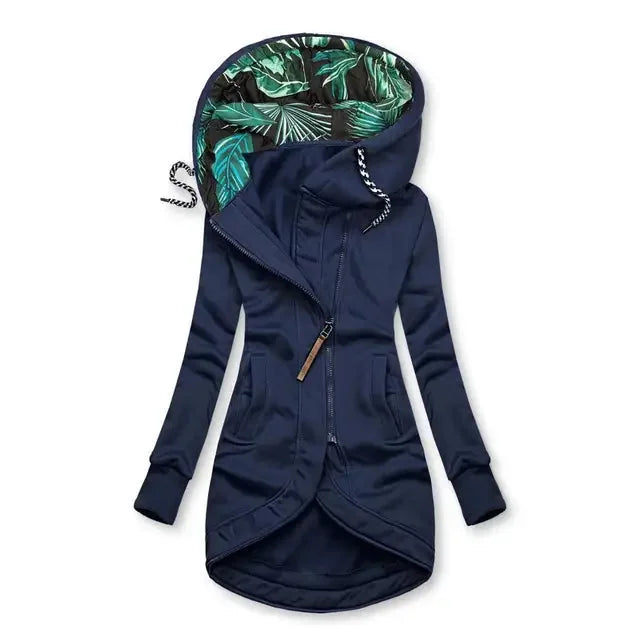 Blue Women's Hooded Jacket with Asymmetric Zip & Tropical-Lined Hood — Roisin