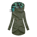 Green Women's Hooded Jacket with Asymmetric Zip & Tropical-Lined Hood — Roisin