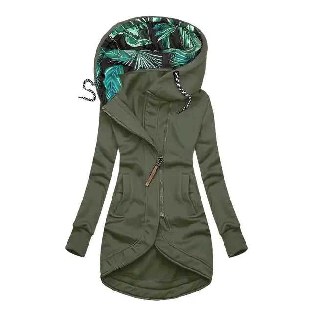 Green Women's Hooded Jacket with Asymmetric Zip & Tropical-Lined Hood — Roisin