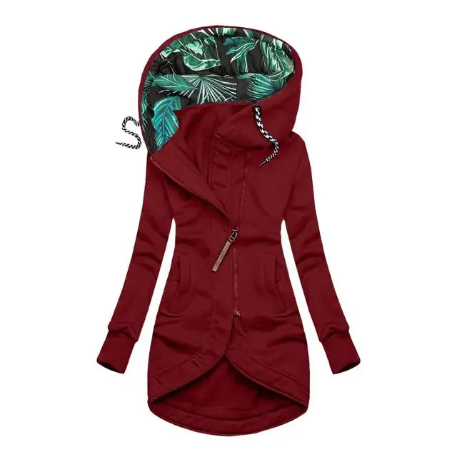 Red Women's Hooded Jacket with Asymmetric Zip & Tropical-Lined Hood — Roisin