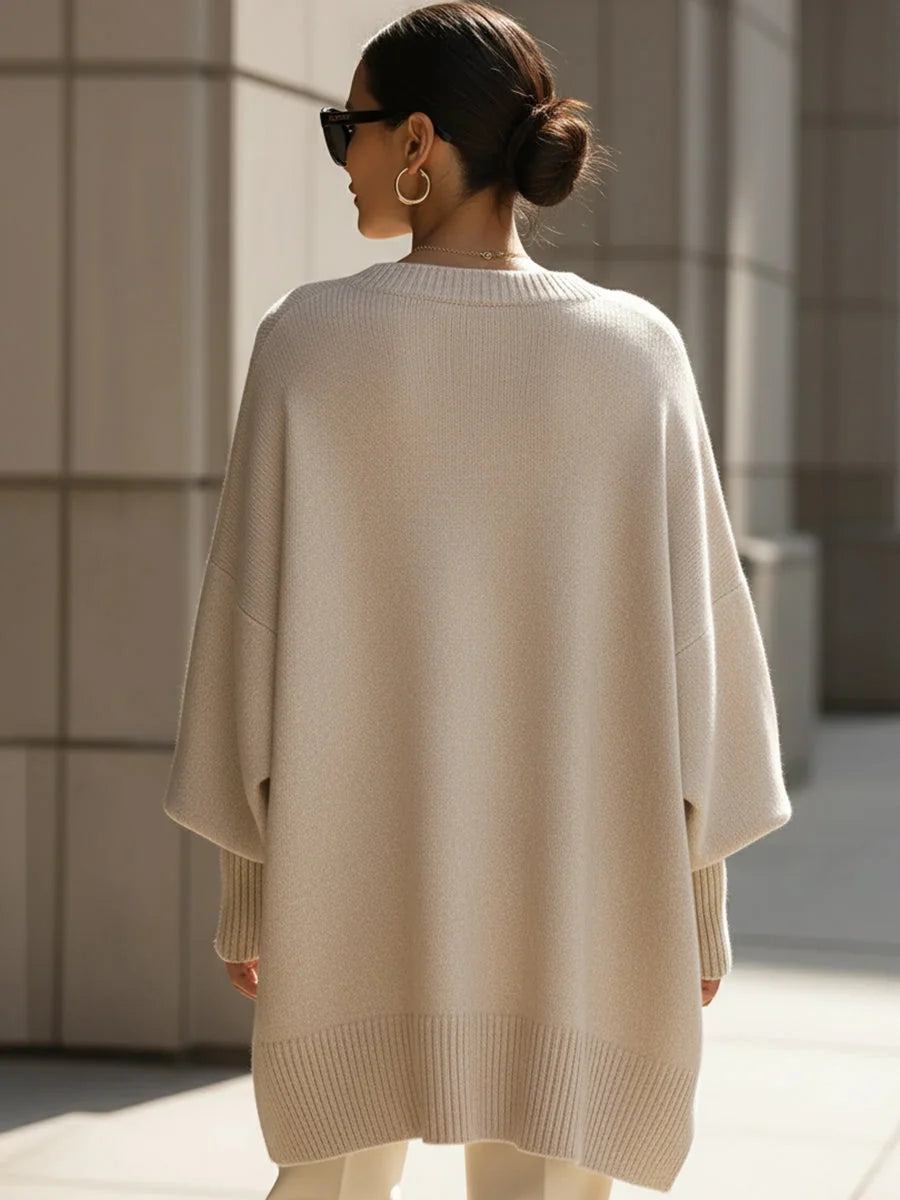 Women's Asymmetrical Sweater with Ribbed Trim & Oversized Batwing Sleeves - Back Full