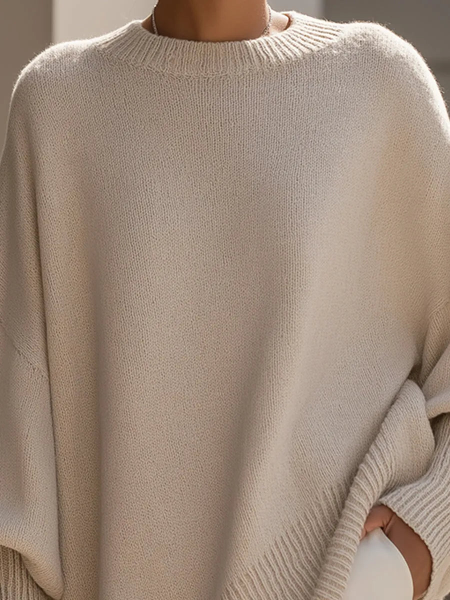 Women's Asymmetrical Sweater with Ribbed Trim & Oversized Batwing Sleeves - Close Up Neckline