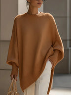 Women's Asymmetrical Sweater with Ribbed Trim & Oversized Batwing Sleeves - Front Closeup
