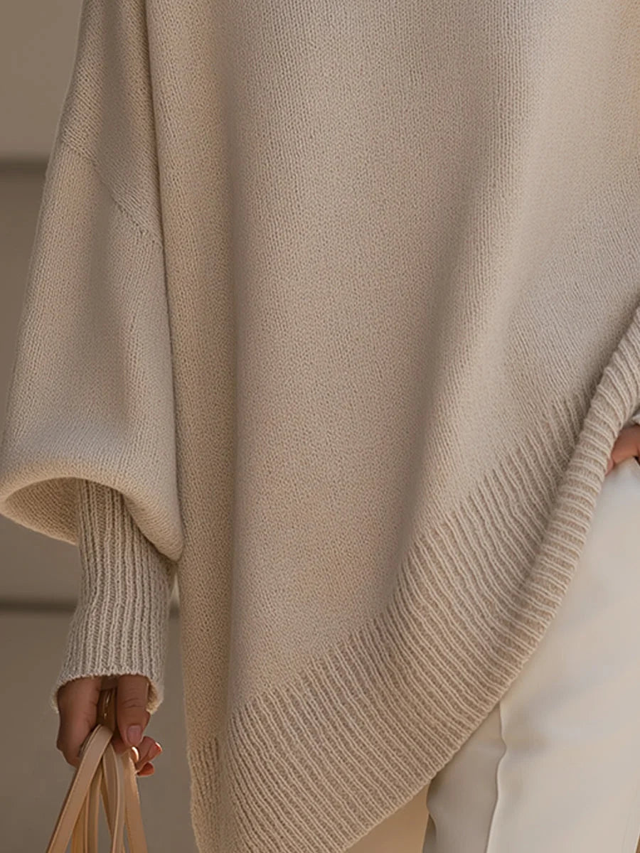 Women's Asymmetrical Sweater with Ribbed Trim & Oversized Batwing Sleeves - Hem Detail