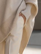 Women's Asymmetrical Sweater with Ribbed Trim & Oversized Batwing Sleeves - Side Hem Detail