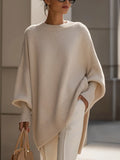 Beige Women's Asymmetrical Sweater with Ribbed Trim & Oversized Batwing Sleeves