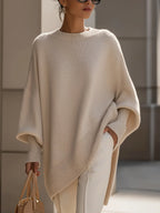 Beige Women's Asymmetrical Sweater with Ribbed Trim & Oversized Batwing Sleeves
