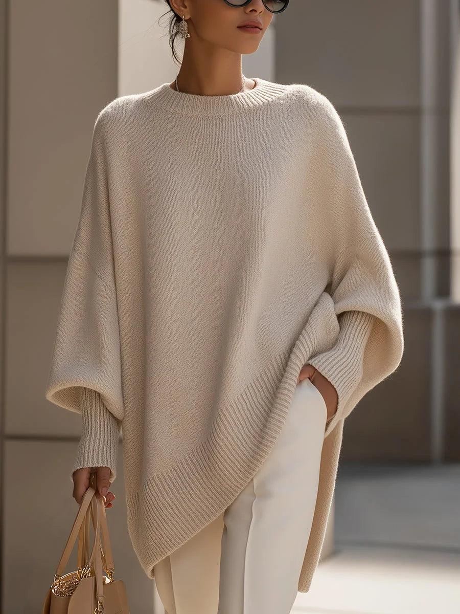 Beige Women's Asymmetrical Sweater with Ribbed Trim & Oversized Batwing Sleeves