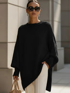Black Women's Asymmetrical Sweater with Ribbed Trim & Oversized Batwing Sleeves