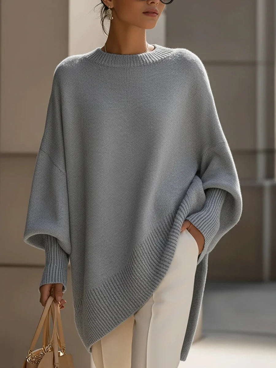 Gray Women's Asymmetrical Sweater with Ribbed Trim & Oversized Batwing Sleeves