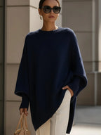 Navy Blue Women's Asymmetrical Sweater with Ribbed Trim & Oversized Batwing Sleeves