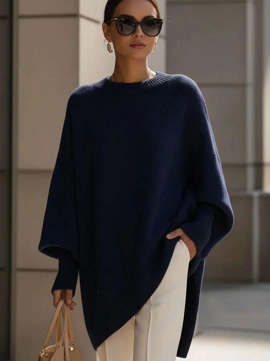 Navy Blue Women's Asymmetrical Sweater with Ribbed Trim & Oversized Batwing Sleeves