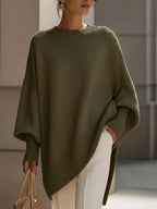 Olive Green Women's Asymmetrical Sweater with Ribbed Trim & Oversized Batwing Sleeves