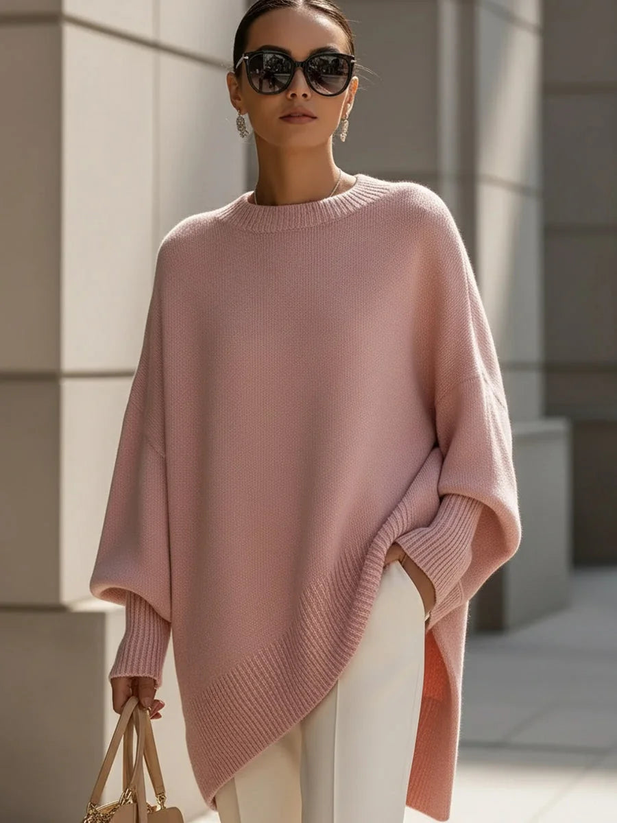 Pink Women's Asymmetrical Sweater with Ribbed Trim & Oversized Batwing Sleeves
