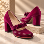 Women's Velvet Mary Jane Heels with Bow Strap & Block Heel