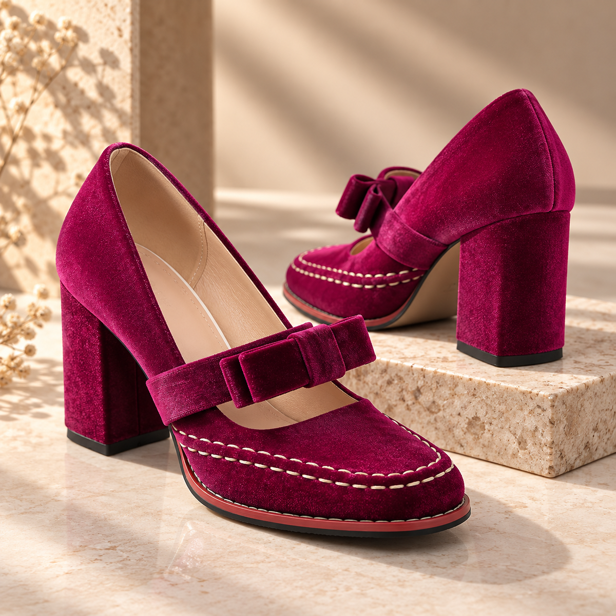 Women's Velvet Mary Jane Heels with Bow Strap & Block Heel