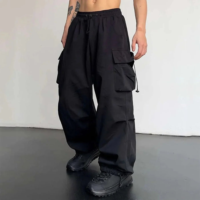 Black Men's Baggy Cargo Trousers with Drawstring Waist & Flap Pockets