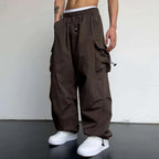 Brown Men's Baggy Cargo Trousers with Drawstring Waist & Flap Pockets — Theo