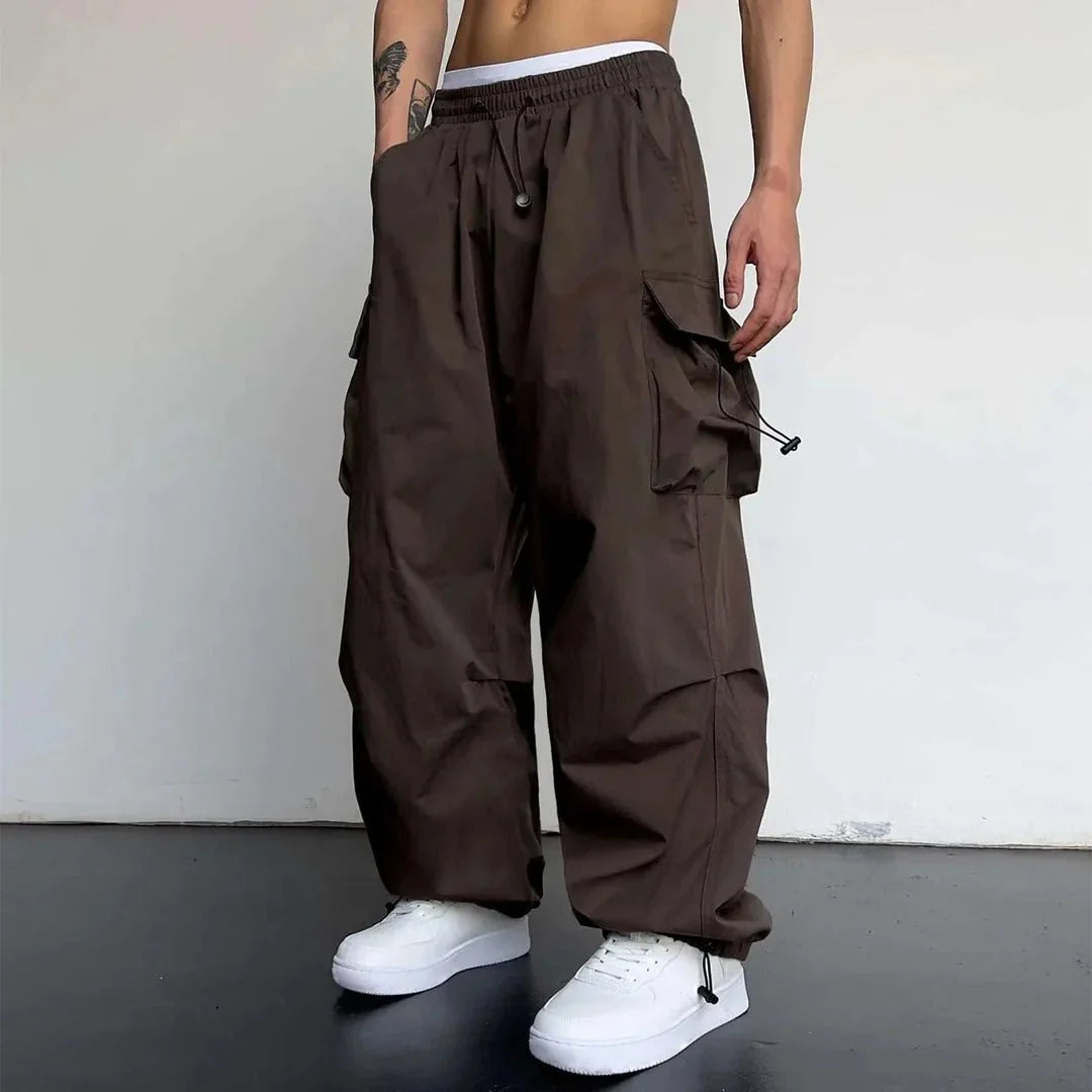 Brown Men's Baggy Cargo Trousers with Drawstring Waist & Flap Pockets — Theo