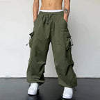 Green Men's Baggy Cargo Trousers with Drawstring Waist & Flap Pockets