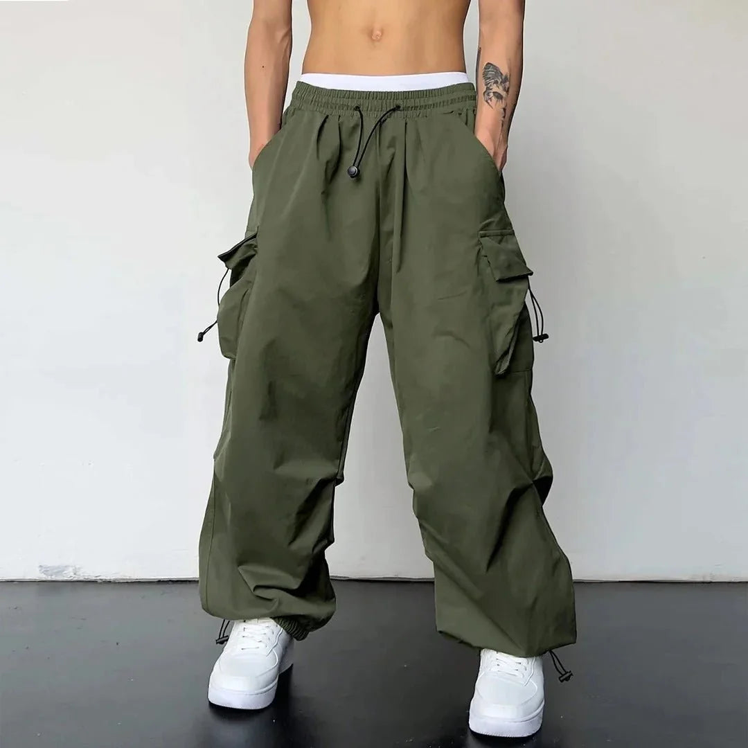 Green Men's Baggy Cargo Trousers with Drawstring Waist & Flap Pockets