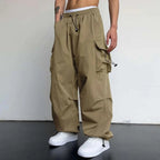 Khaki Men's Baggy Cargo Trousers with Drawstring Waist & Flap Pockets — Theo