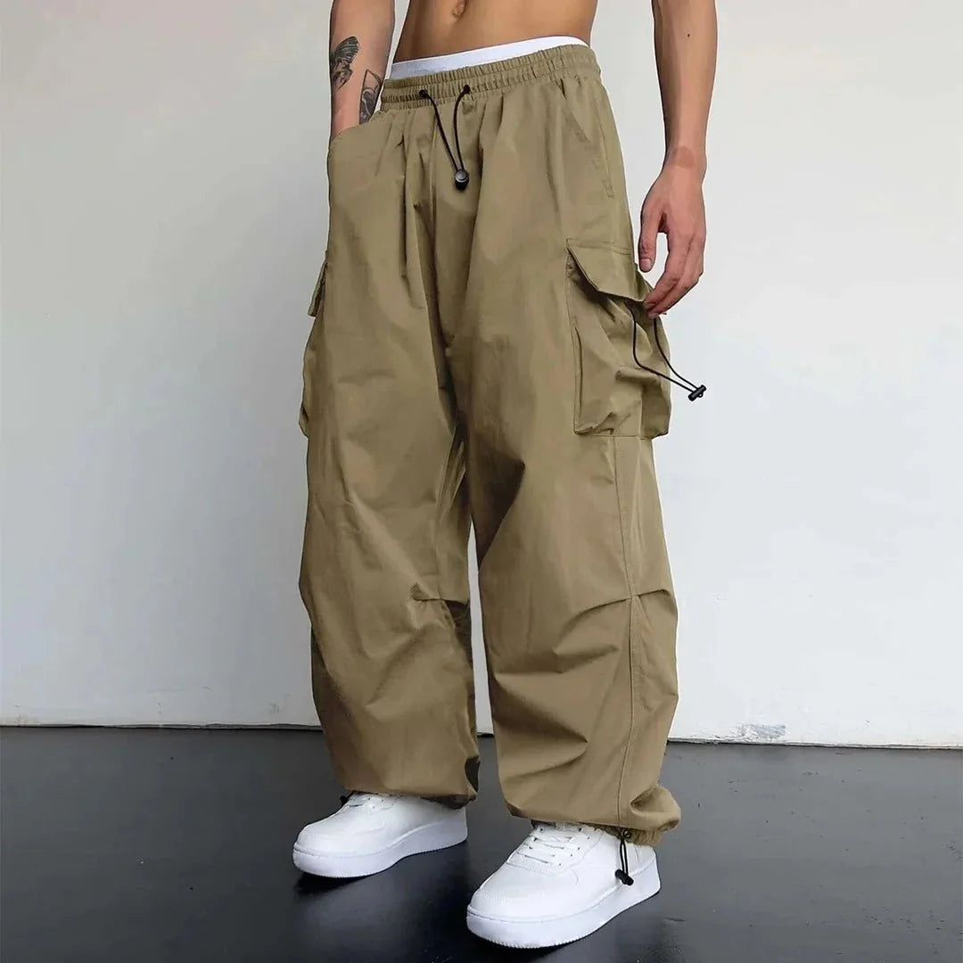 Khaki Men's Baggy Cargo Trousers with Drawstring Waist & Flap Pockets — Theo