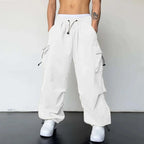 White Men's Baggy Cargo Trousers with Drawstring Waist & Flap Pockets — Theo