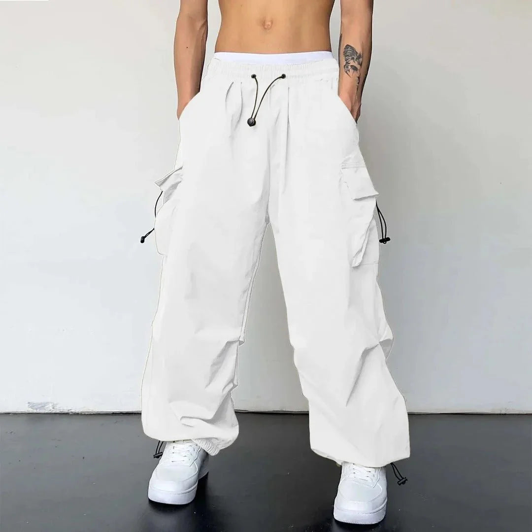 White Men's Baggy Cargo Trousers with Drawstring Waist & Flap Pockets — Theo