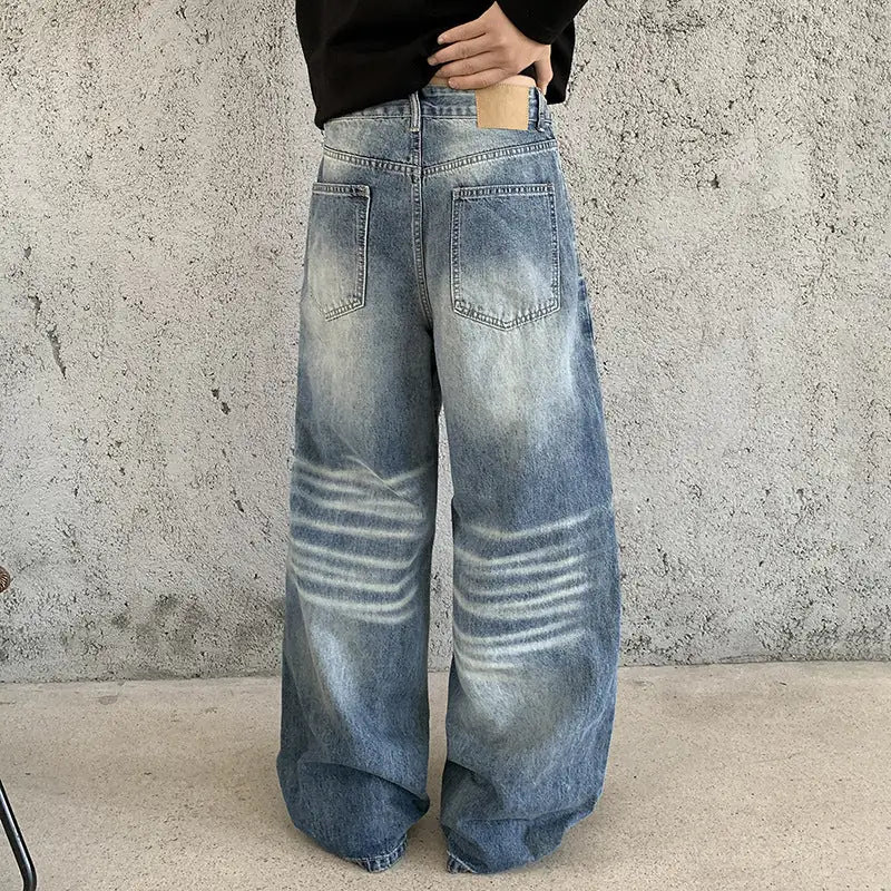 Blue Men's Baggy Jeans with High-Waisted Relaxed Fit & Whisker Fading - Back Full View