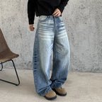 Blue Men's Baggy Jeans with High-Waisted Relaxed Fit & Whisker Fading - Front Closeup Fade
