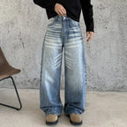 Blue Men's Baggy Jeans with High-Waisted Relaxed Fit & Whisker Fading - Front Full Outdoor