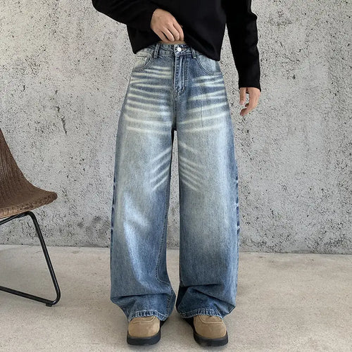 Blue Men's Baggy Jeans with High-Waisted Relaxed Fit & Whisker Fading - Front Full Outdoor
