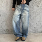 Blue Men's Baggy Jeans with High-Waisted Relaxed Fit & Whisker Fading - Front Medium Shot