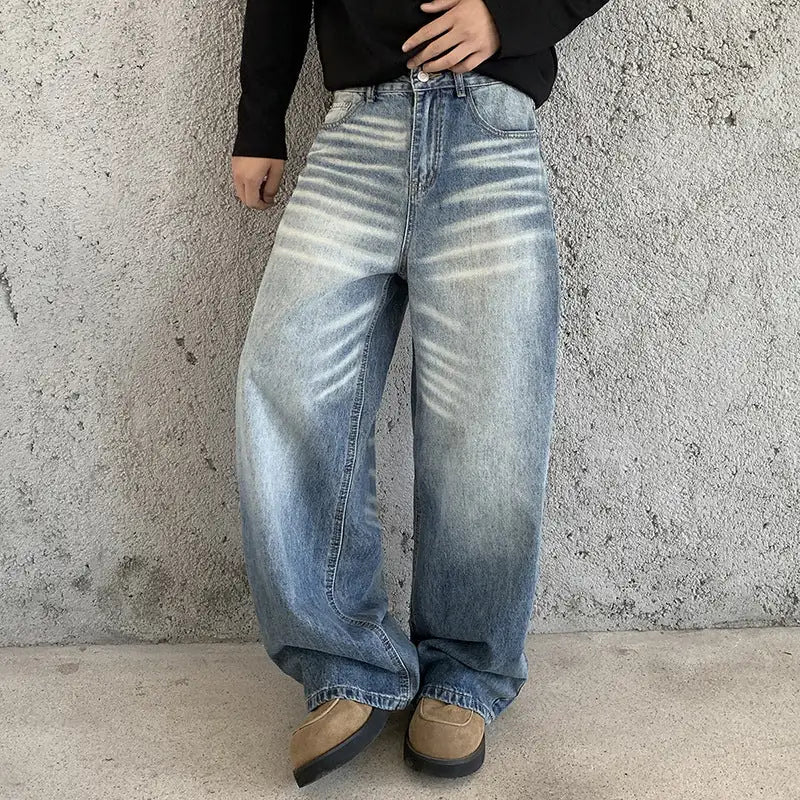 Blue Men's Baggy Jeans with High-Waisted Relaxed Fit & Whisker Fading - Front Medium Shot