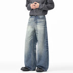 Blue Men's Baggy Jeans with High-Waisted Relaxed Fit & Whisker Fading - Front Studio Shot