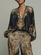 Black Women's Wide Leg Pants Two Piece Set with Long Sleeves & Relaxed Fit — Jamie - Close Up Top