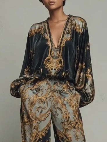 Black Women's Wide Leg Pants Two Piece Set with Long Sleeves & Relaxed Fit — Jamie - Close Up Top