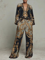 Black Women's Wide Leg Pants Two Piece Set with Long Sleeves & Relaxed Fit — Jamie - Front Standing