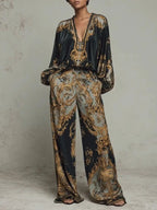 Black Women's Wide Leg Pants Two Piece Set with Long Sleeves & Relaxed Fit