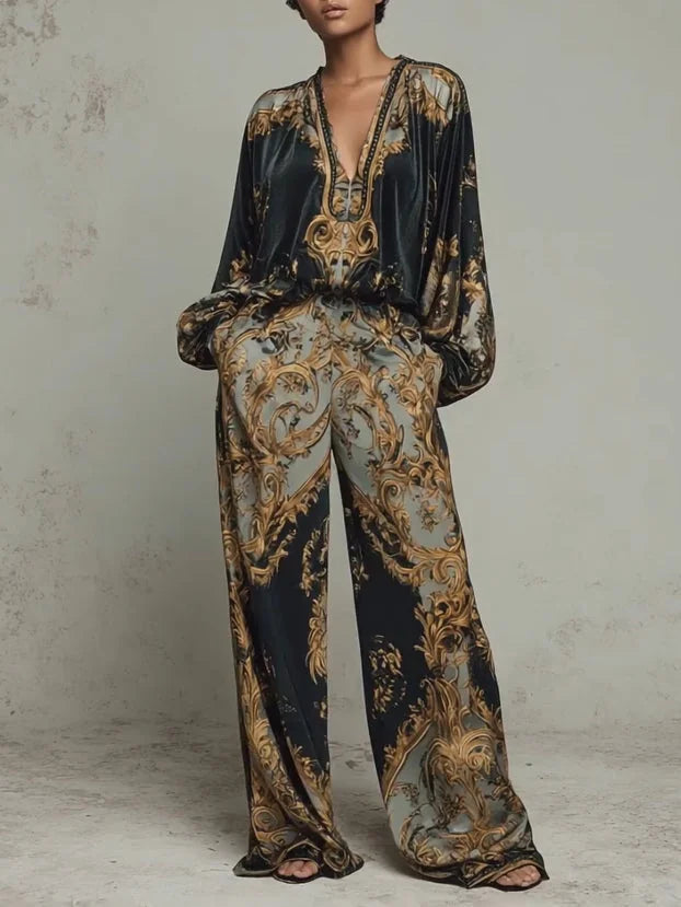 Black Women's Wide Leg Pants Two Piece Set with Long Sleeves & Relaxed Fit