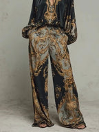 Multicolor Women's Wide Leg Pants Two Piece Set with Long Sleeves & Relaxed Fit — Jamie - Close Up Pants