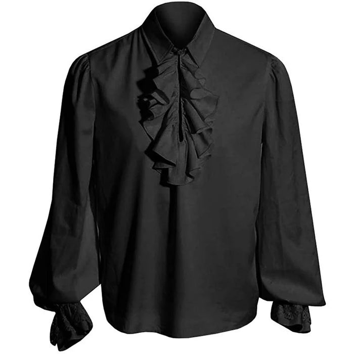 Black Men's Baroque Ruffle Shirt with Stand-Up Collar & Lace Cuffs